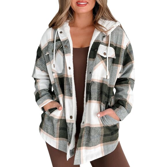 2025 Women’s Stylish Hooded Plaid Shacket Jacket with Sherpa Fleece Lining - Picture 1 of 7